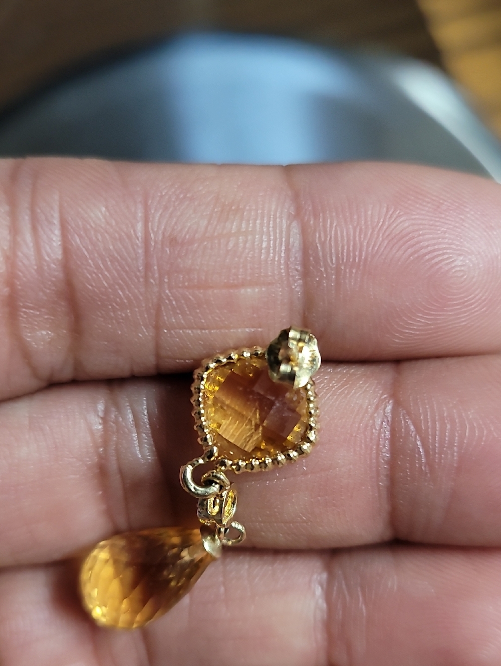 14k Citrine Drop Earrings - Elegant Yellow Gem Dangle With Small Diamonds - Picture 5 of 6